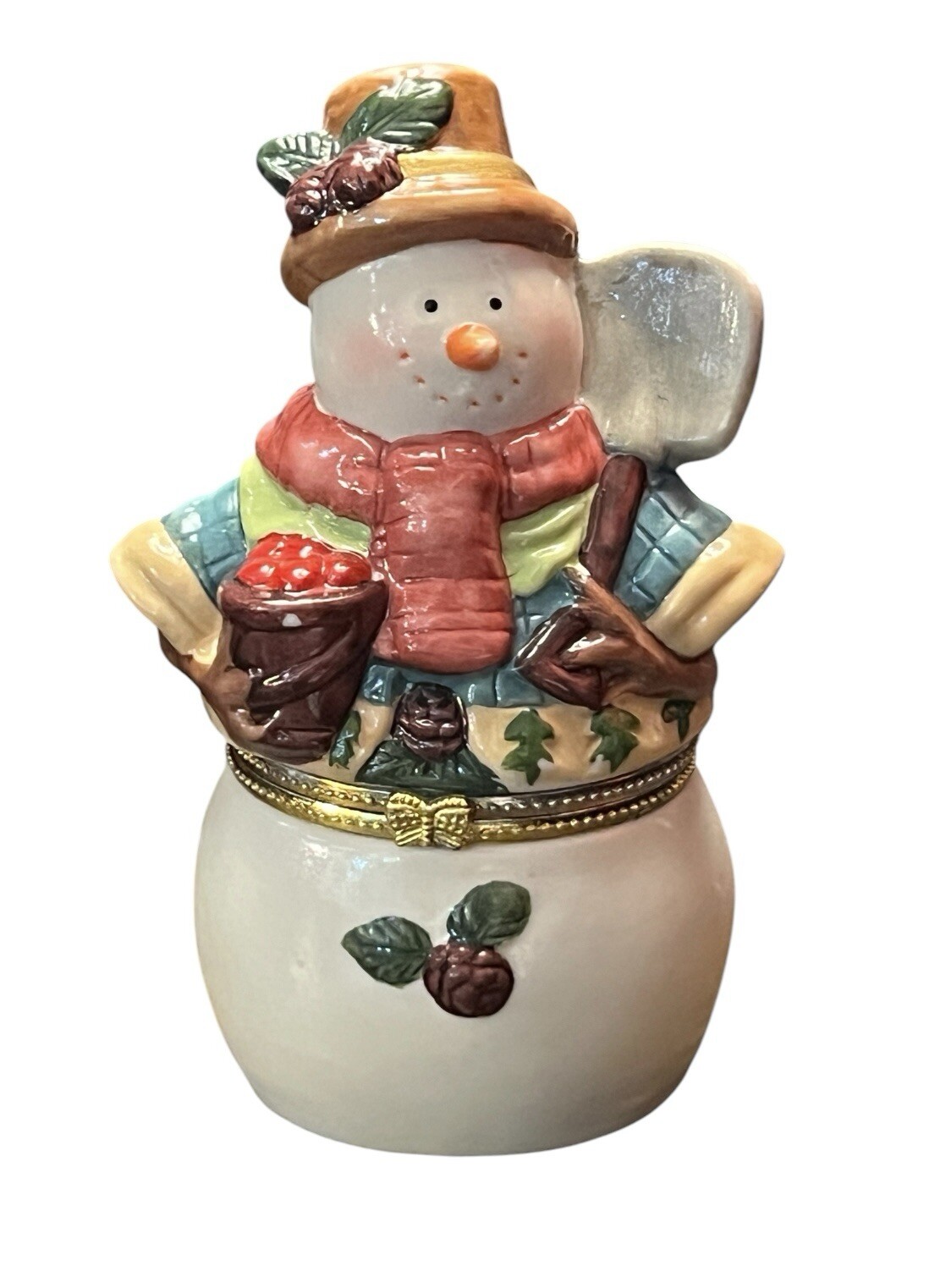 Snowmen Trinket Box Christmas Porcelain Hinged 5" Holding Shovel
