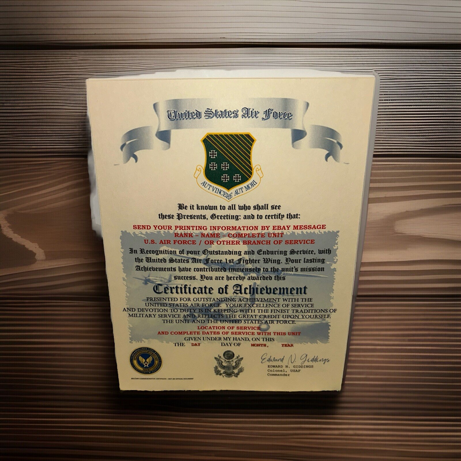 U.S.A.F. / AIR FORCE 1ST FIGHTER WING - CERTIFICATE OF ACHIEVEMENT