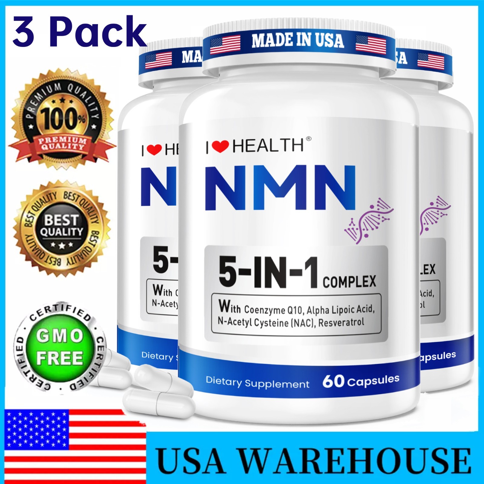 3-Pack NMN Supplement Extra High Purity NAD+ Booster Anti Aging Energy 180 Caps