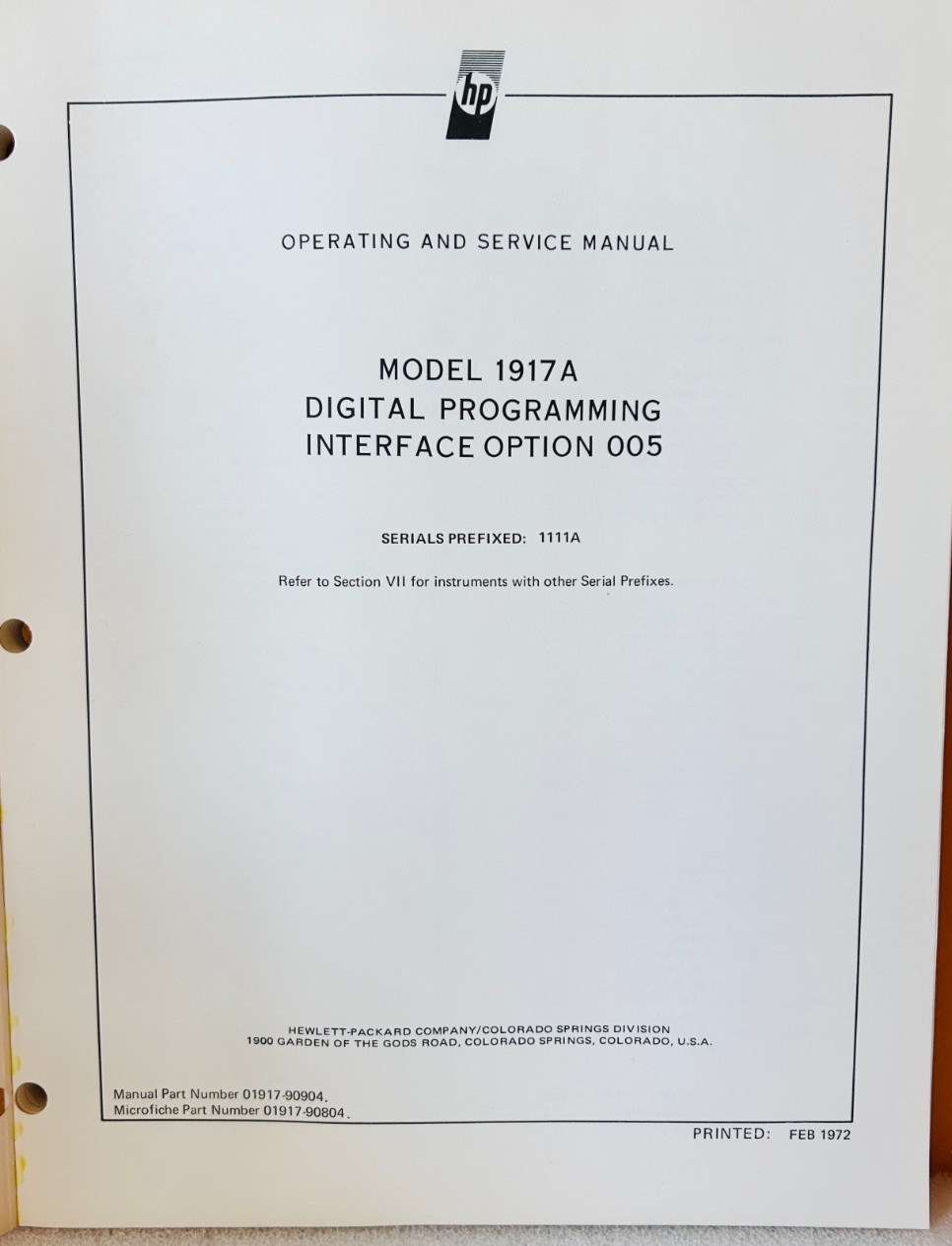 HP 01917-90904 Model 1917A Digital Programming Interface Opt 005 Service Manual.