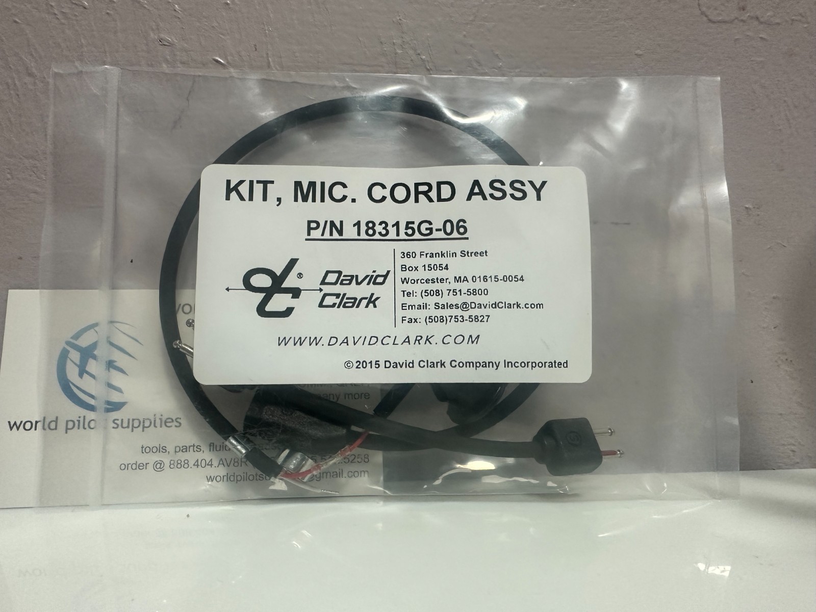 New Cord/Mic Assy Kit for David Clark H3310 Series Headsets, p/n 18315G-06 Certs