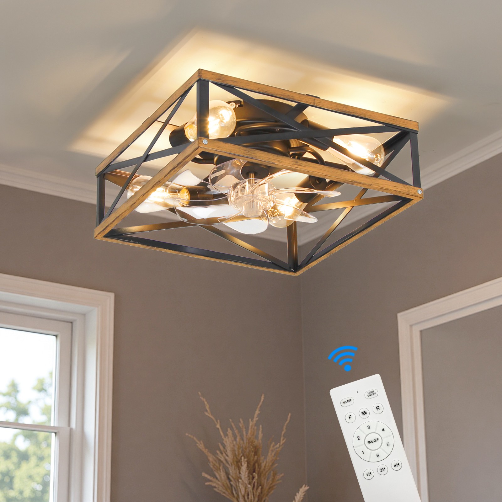 16"Caged Low Profile Ceiling Fans with Remote,Rustic Square Flush Mount