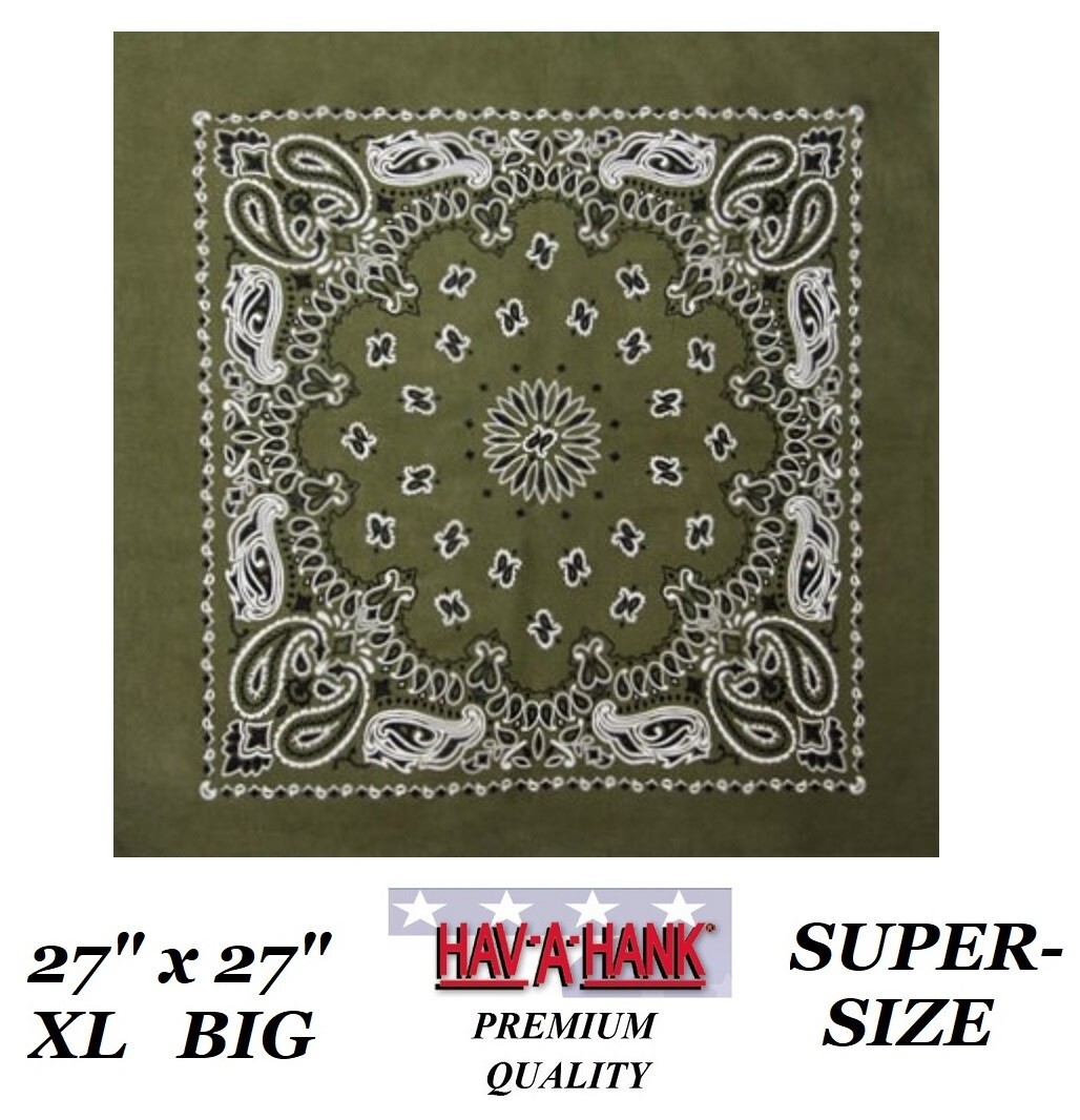 Hav-A-Hank XL BIG OLIVE GREEN PAISLEY Bandana 27" COTTON SCARF SCARVE HEAD WRAP