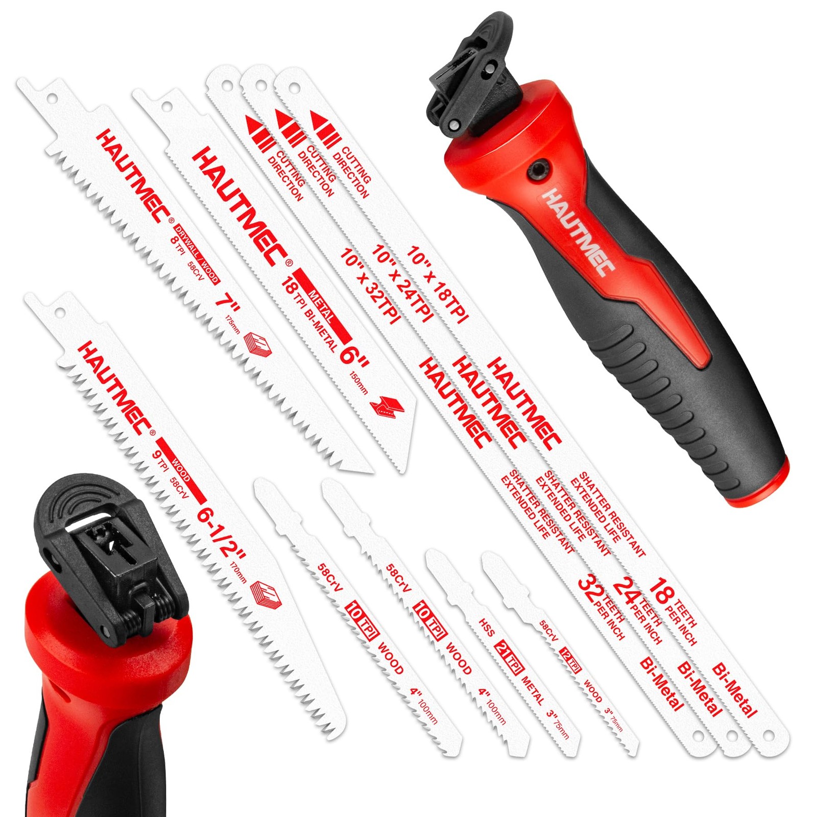 HAUTMEC 10-In-1 Multi Blades Hand Saw with Quick-Release Change Mechanism Red