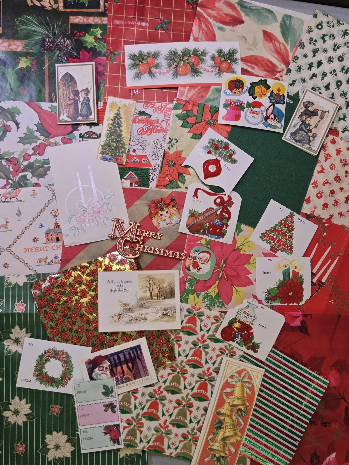 Vintage Christmas Gift Wrap 40+ Pieces 50s-70s Paper Crafts Journal Ephemera