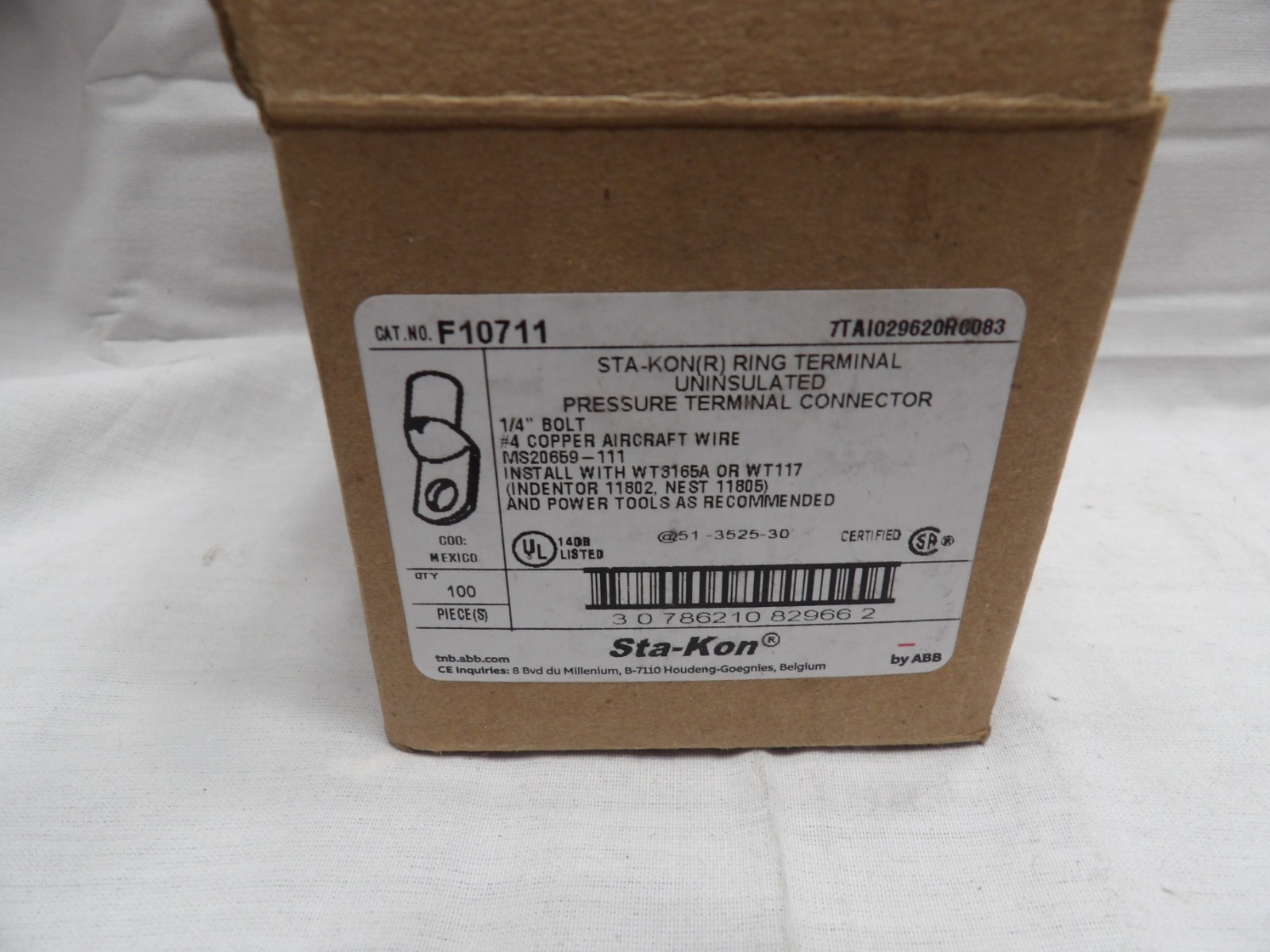 ABB Sta-Kon Ring Terminal Uninsulated 1/4" Bolt #4 Copper Wire F10711 (Qty 100)