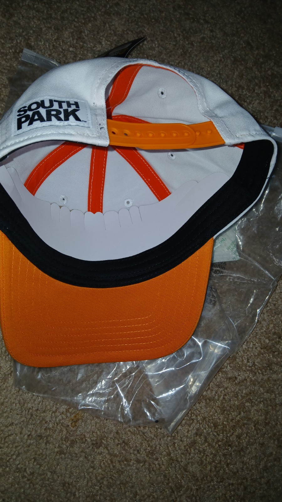 SOUTH PARK-RAISINS-EMBROIDERED HAT-PINBACK ADJUSTABLE-NEW/TAGS-WHITE/ORANGE