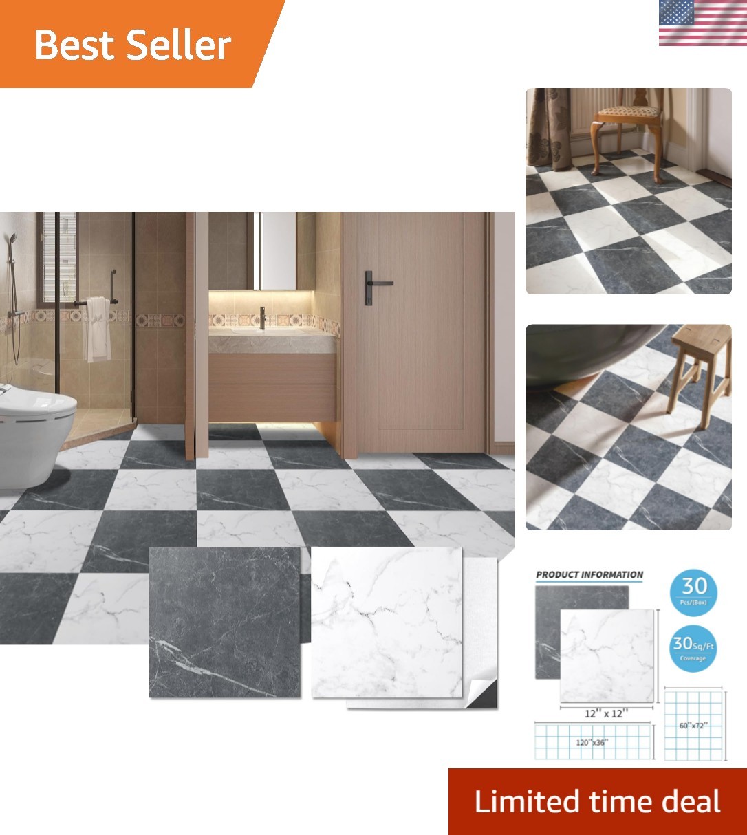 Peel and Stick Vinyl Floor Tiles 30-Pack 12 x 12 inch, Self Adhesive Waterpro...