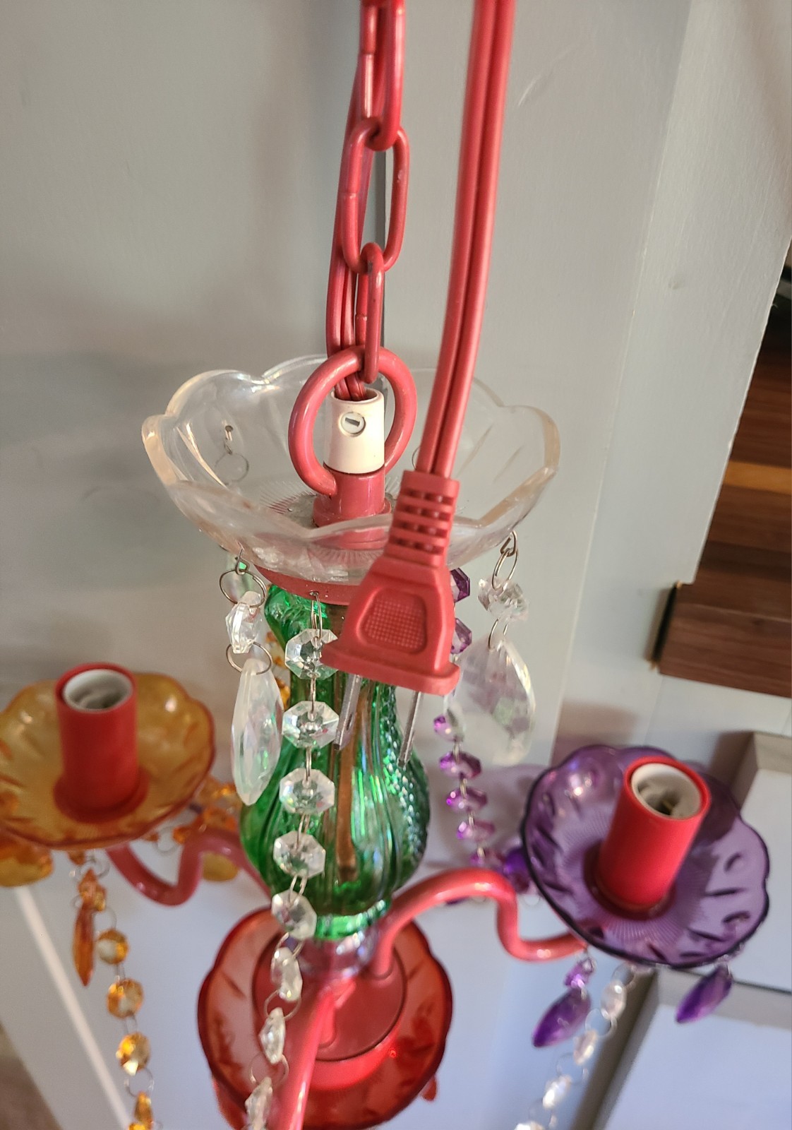 Multicolor 3 Light Chandelier Acrylic Crystal Glass Central Stem Plug In