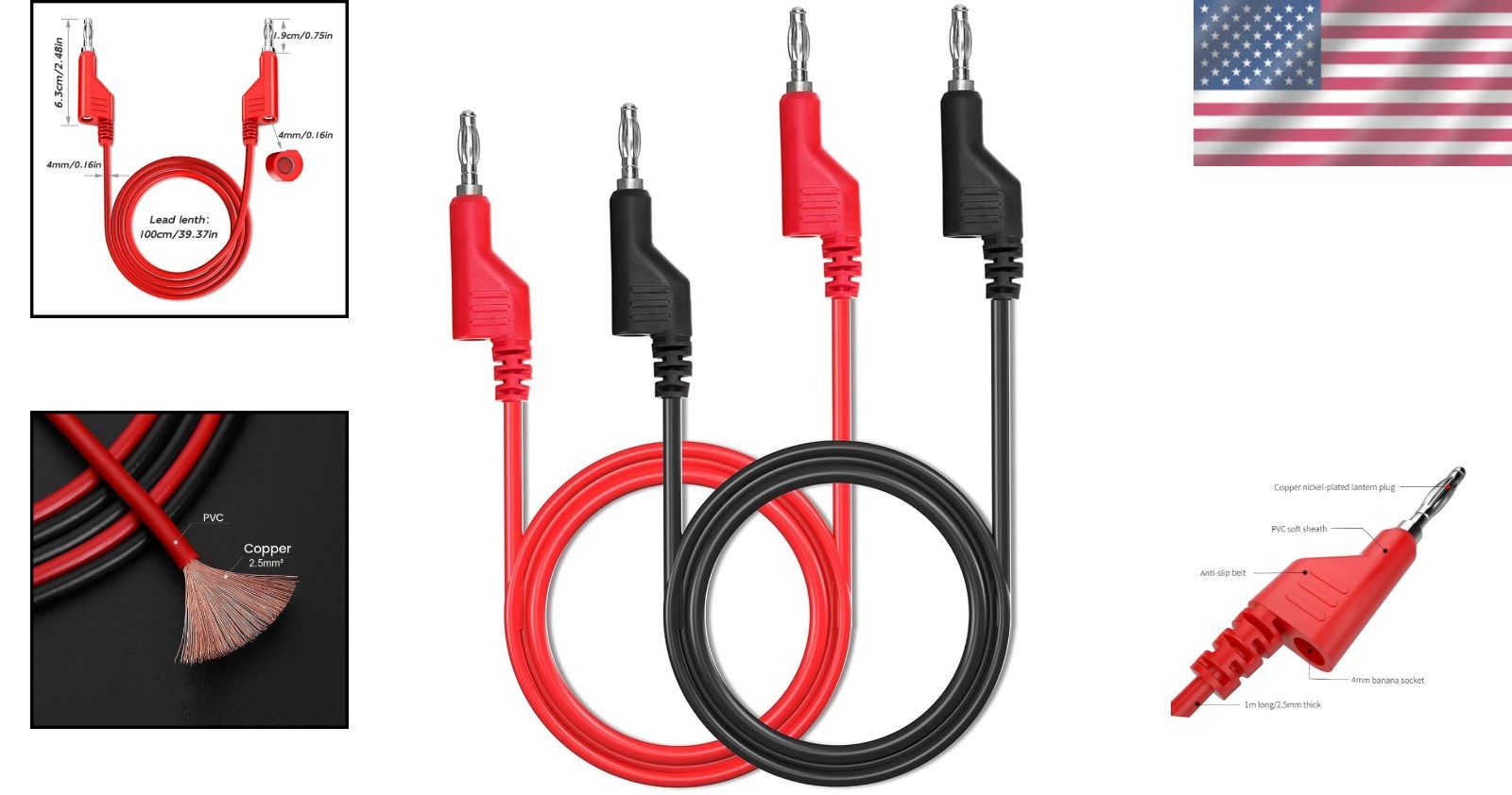 Versatile 2pcs Banana Plug Lead Set - 100cm 4mm Cables for Safe Testing
