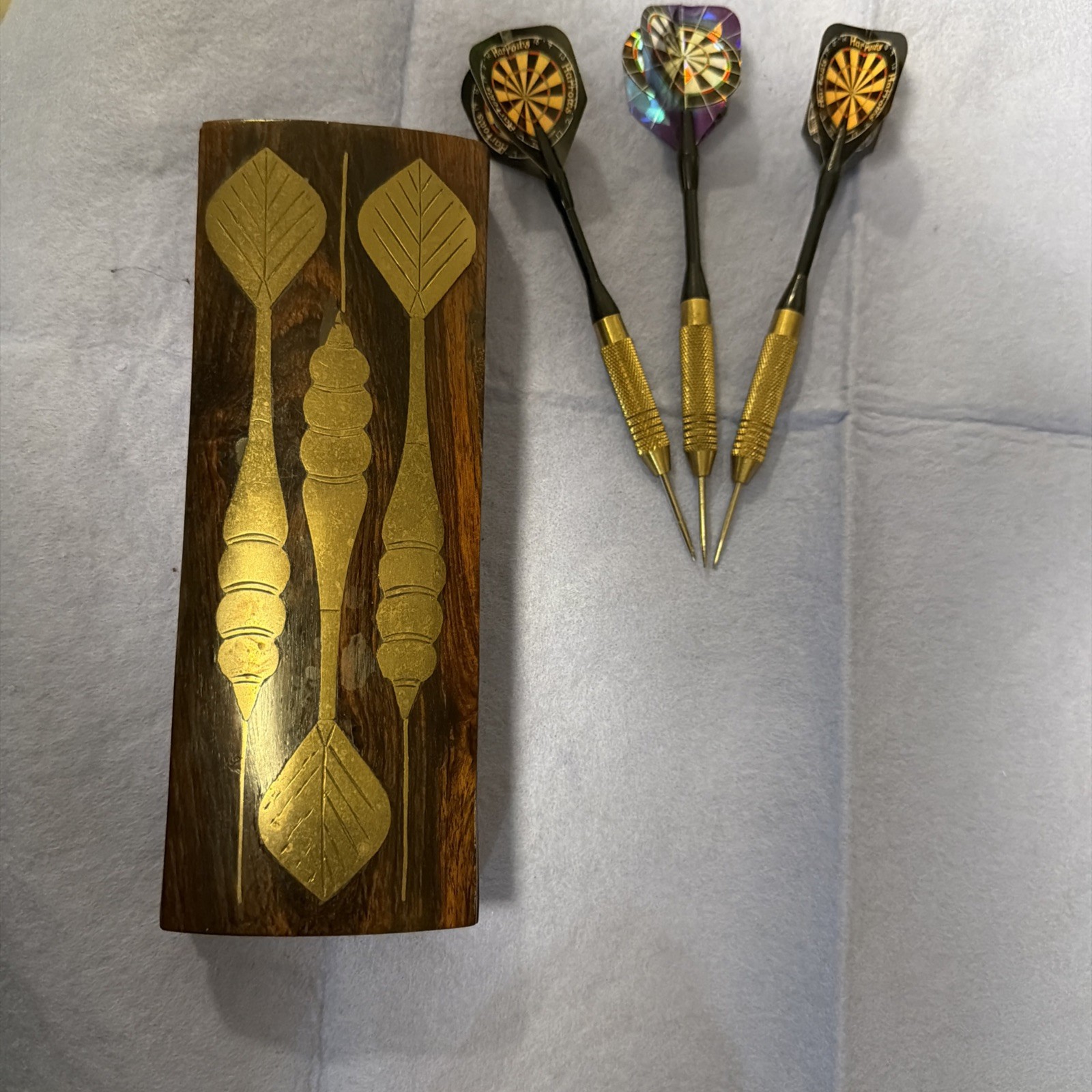 Wooden Dart Case With Brass Inlay, Dart Storage Box, With Three Darts.