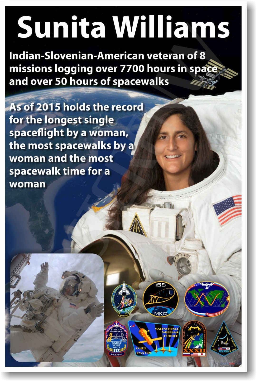 Astronaut Sunita Williams - Most Spacewalks by a Woman - NEW NASA POSTER
