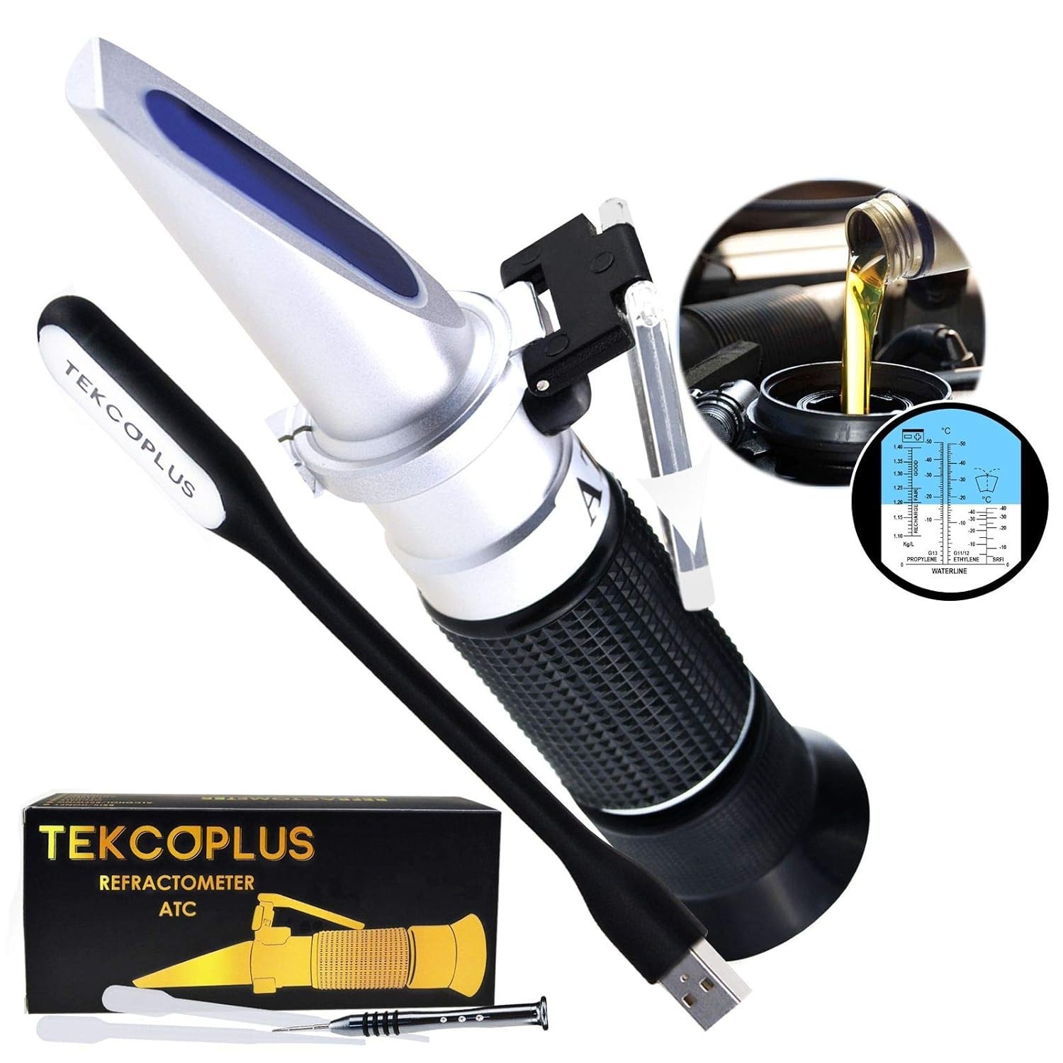 Precision Antifreeze Refractometer with Large Scale & USB LED Light for Testing