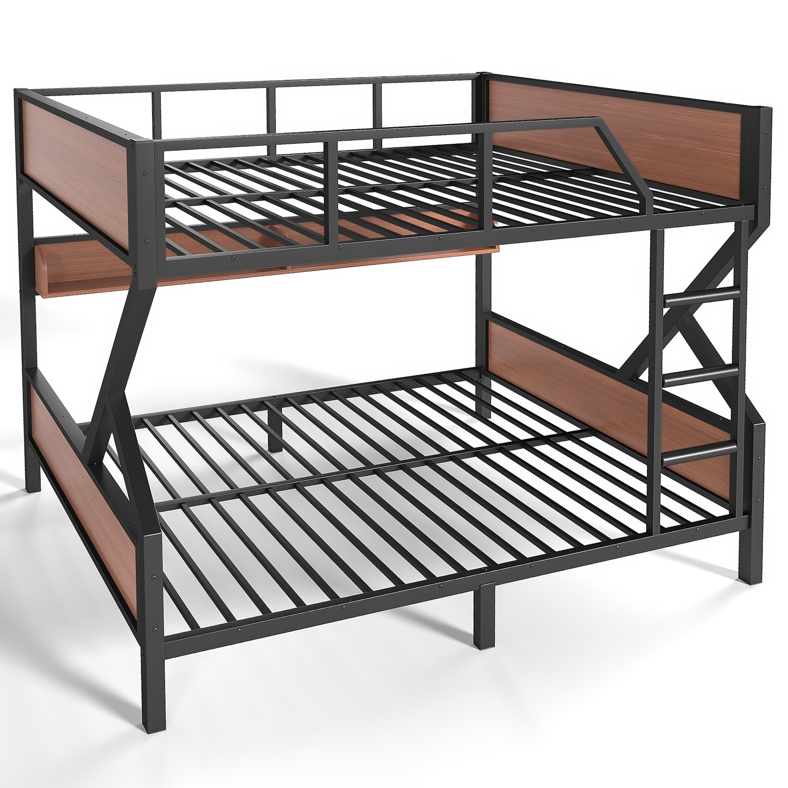 Metal Full over Full Bunk Bed with Storage Shelves Lights Space-saving Black New