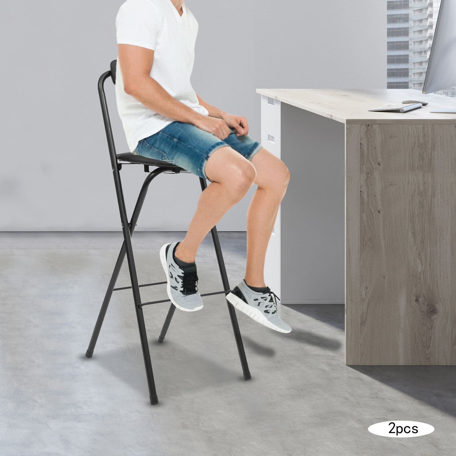 2Pcs Black Foldable Bar Chair Modern Tall Folding Chair Portable Folding Stool
