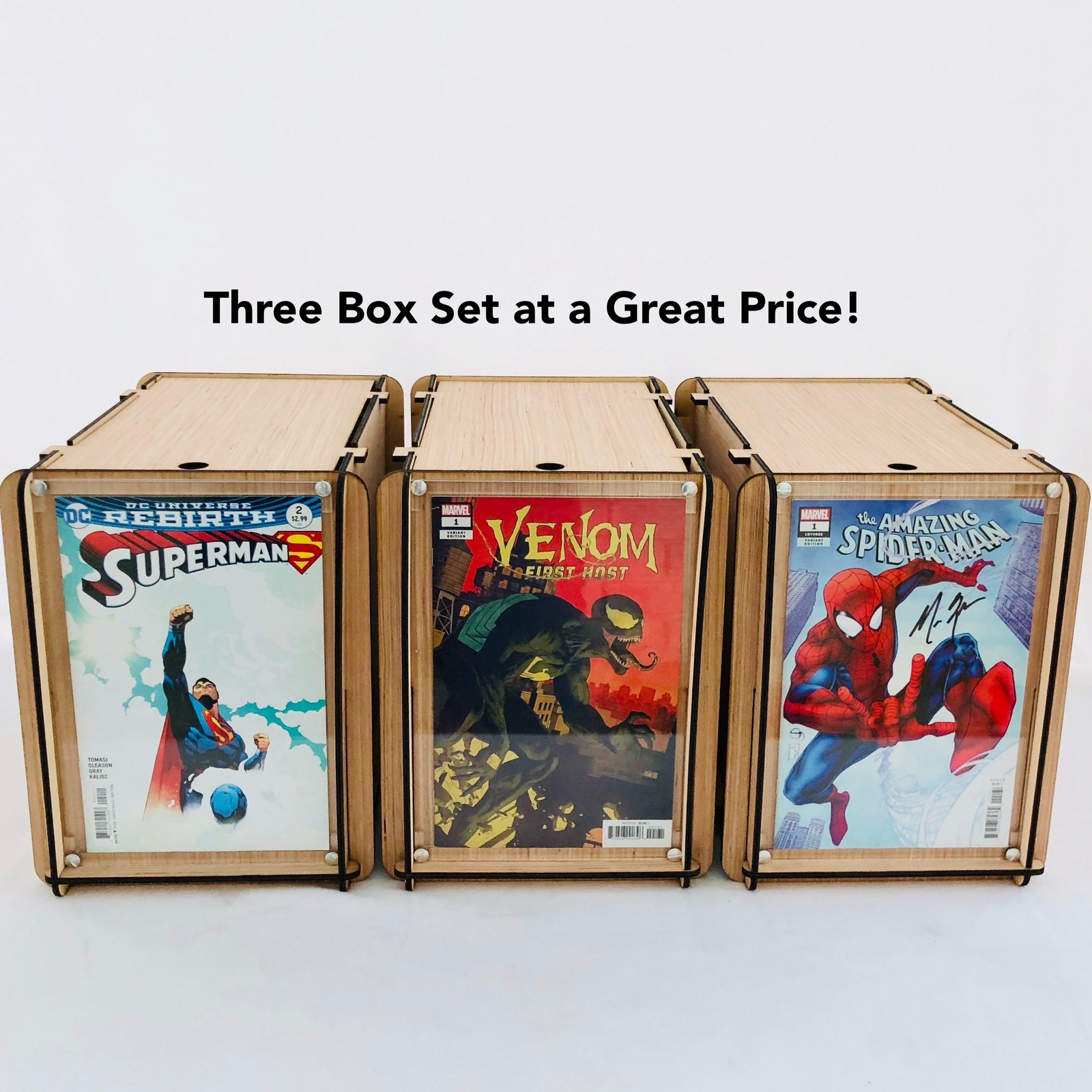Three Comic Book Storage Boxes With Acrylic Display Frames