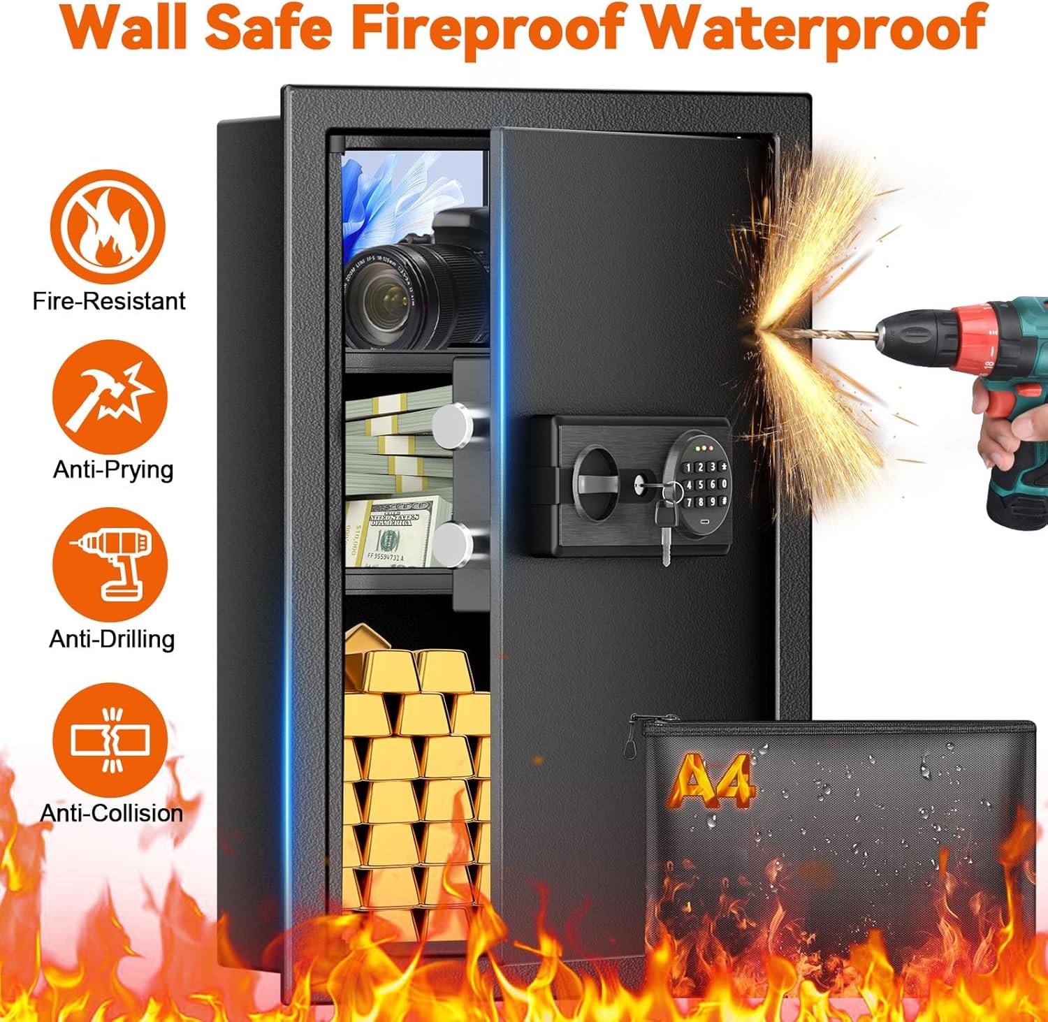 Pelinix Fireproof Wall Safe Between Studs Heavy Duty Digital Keypad 2-Shelf