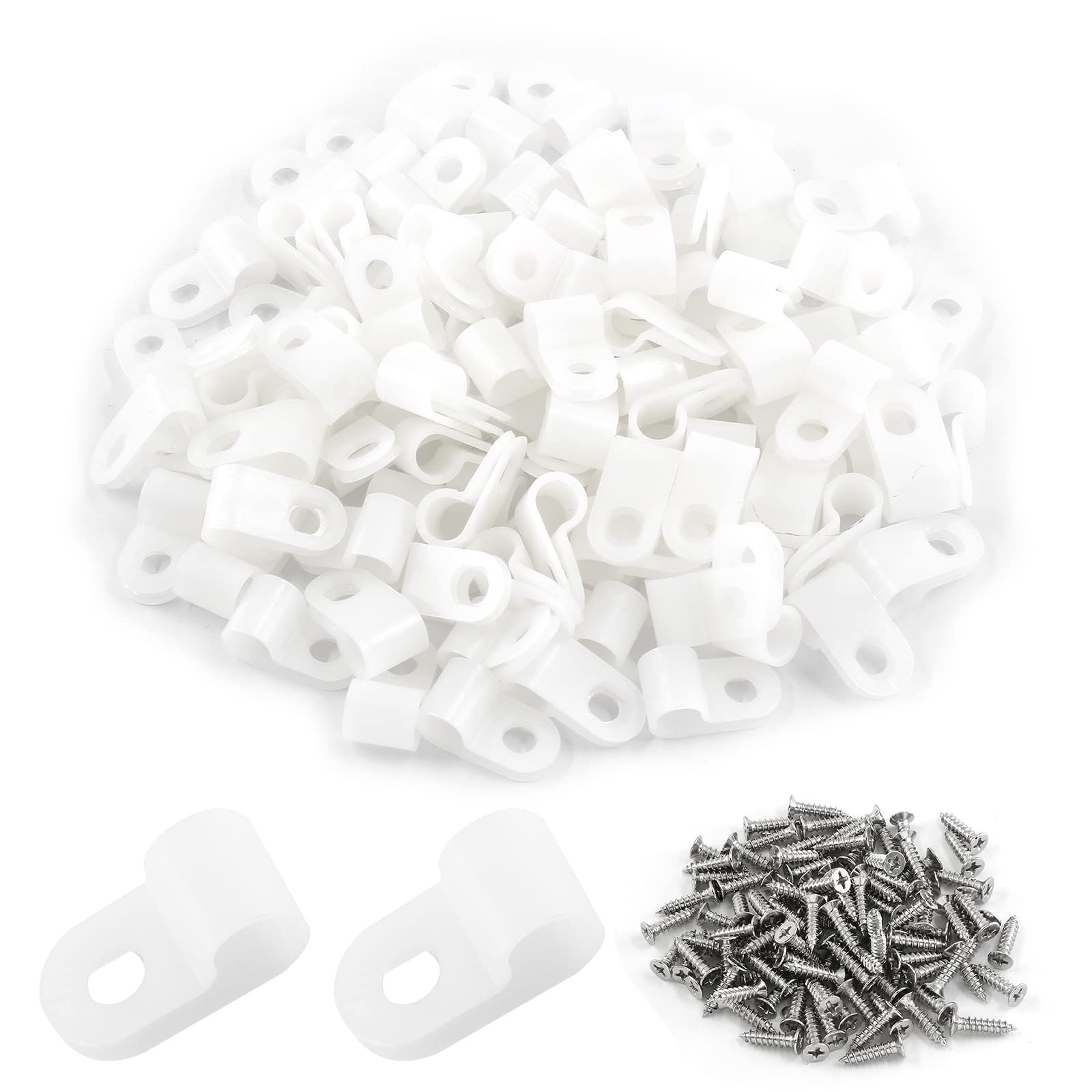 100 Pack White 5/16 Inch RType Nylon Cable Clamps Fasteners With Screws