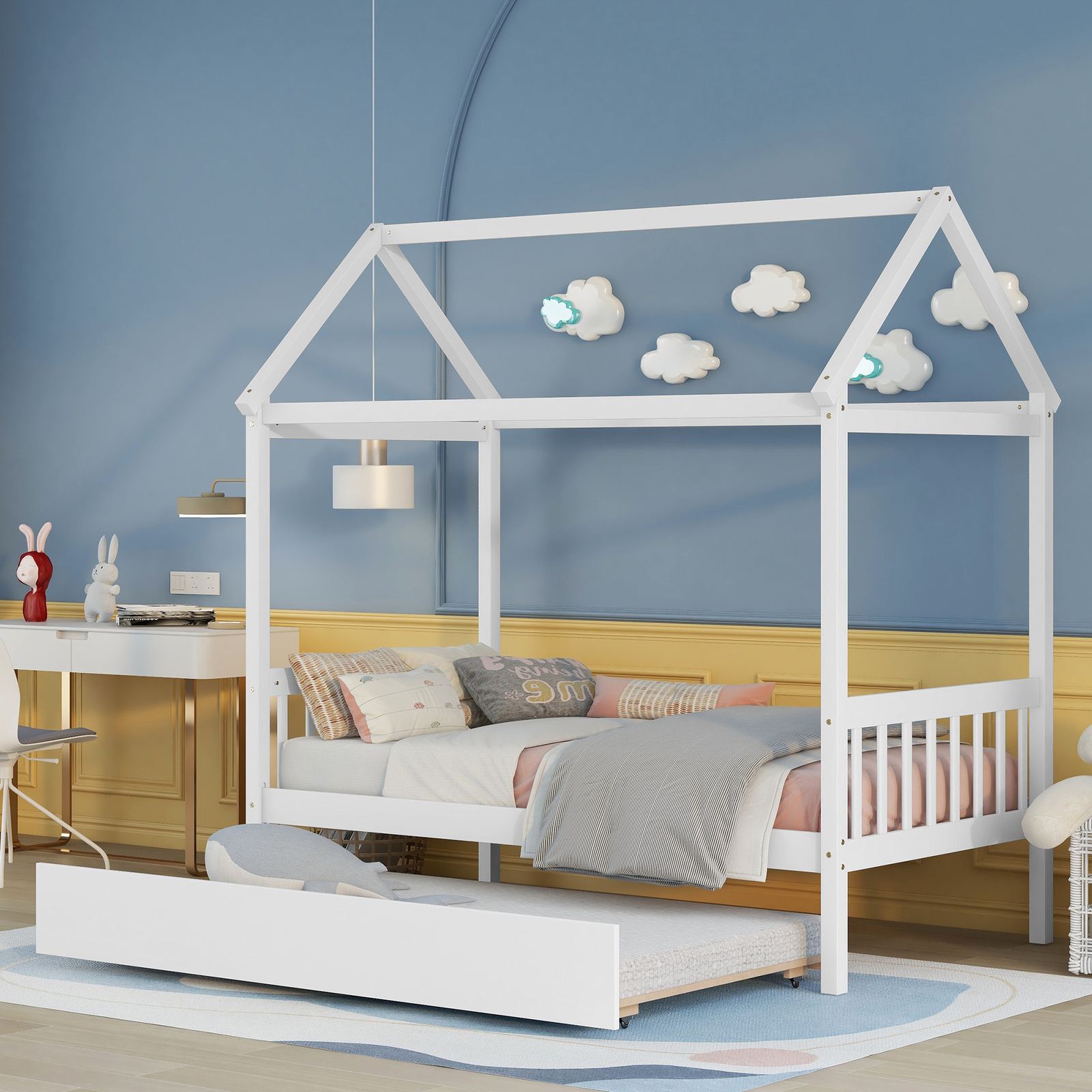 Solid Wood Twin House Bed Frame with Twin Size Trundle No Box Spring Needed New
