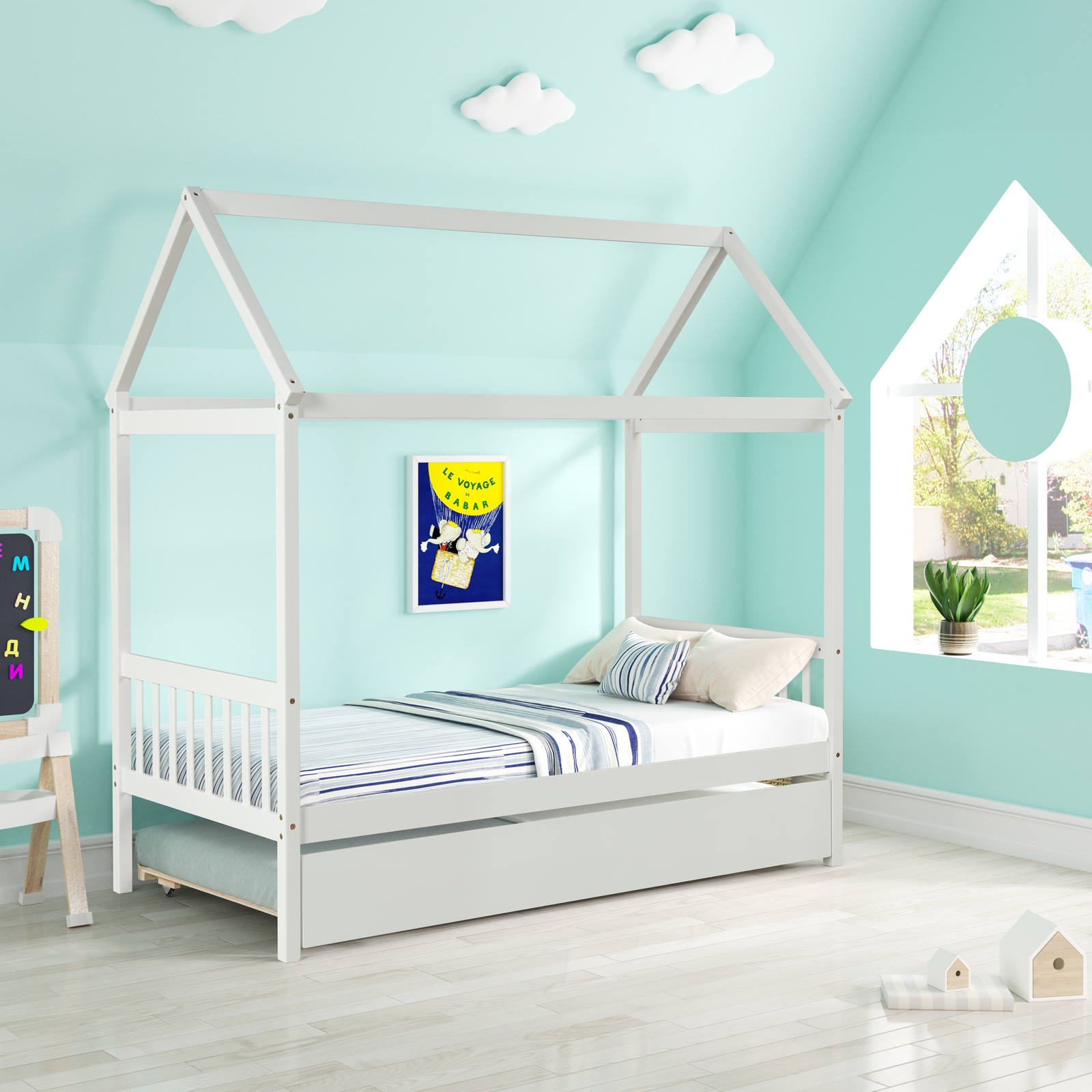 Solid Wood Twin House Bed Frame with Twin Size Trundle No Box Spring Needed New