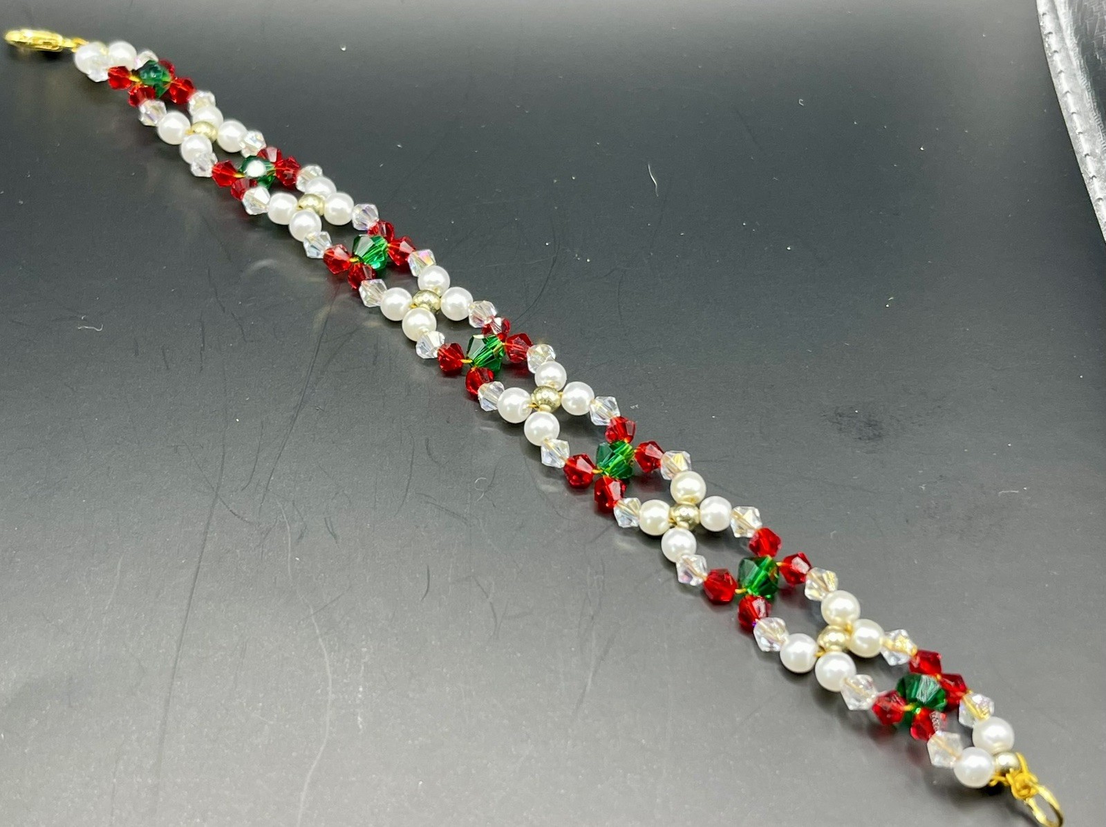 Handmade Beaded Bracelet.  Christmas white, green, red.