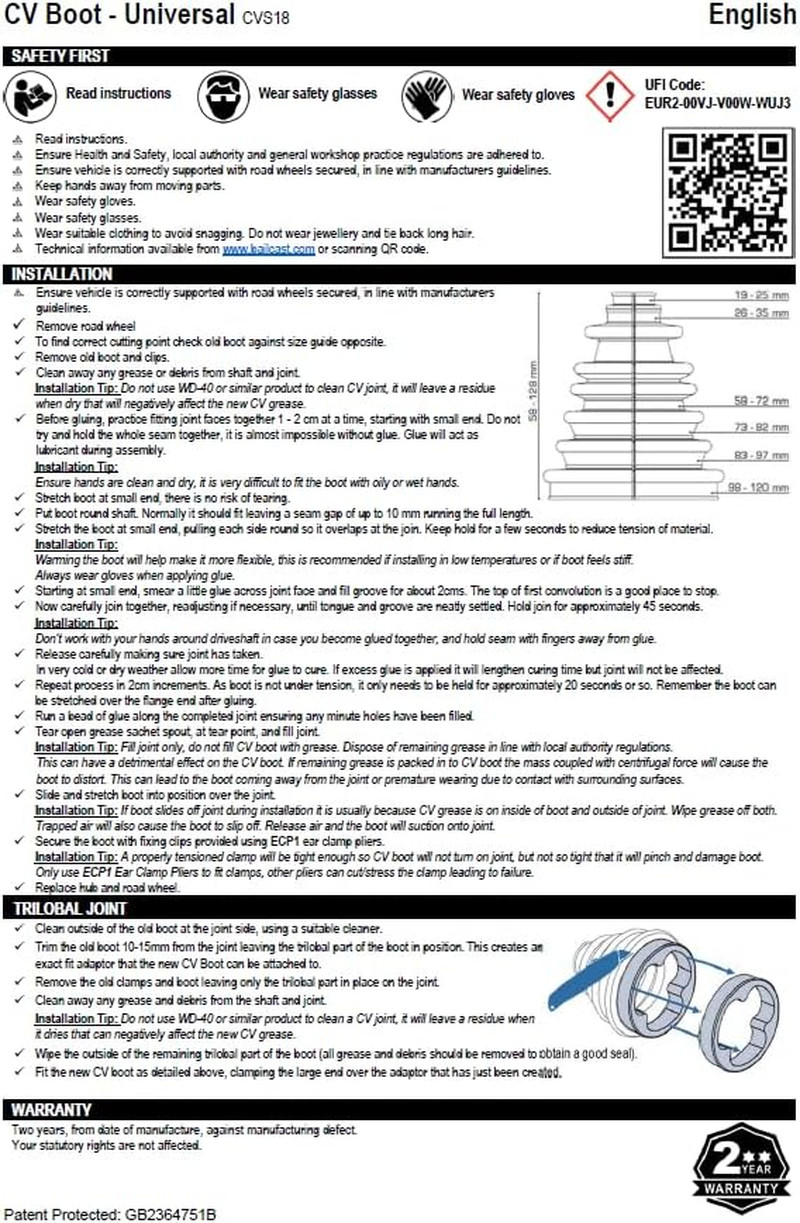 CVS18 Universal Split Constant Velocity Joint Gaiter Boot Replacement Kit, Black