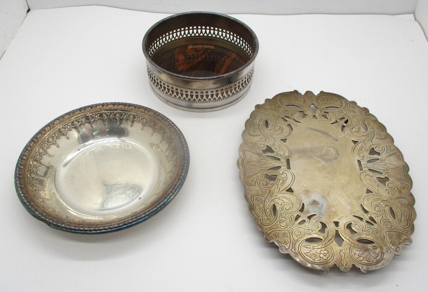 Some Silverplate Stuff, Trivet, Bowl, Wine Bottle Holder?