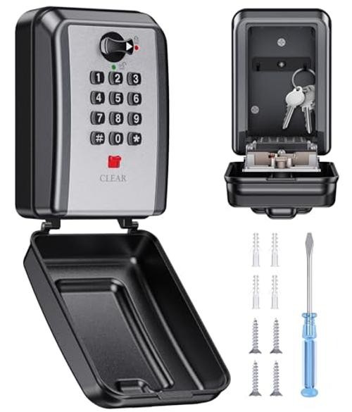 Wall-Mounted Key Lock Box, 12 Digit Combination Lock Box for Keys with Silver