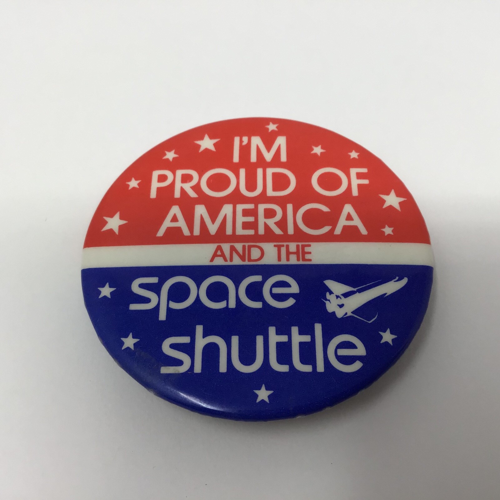 vintage NASA I'm Proud of America and the Space Shuttle Metal Button 1981