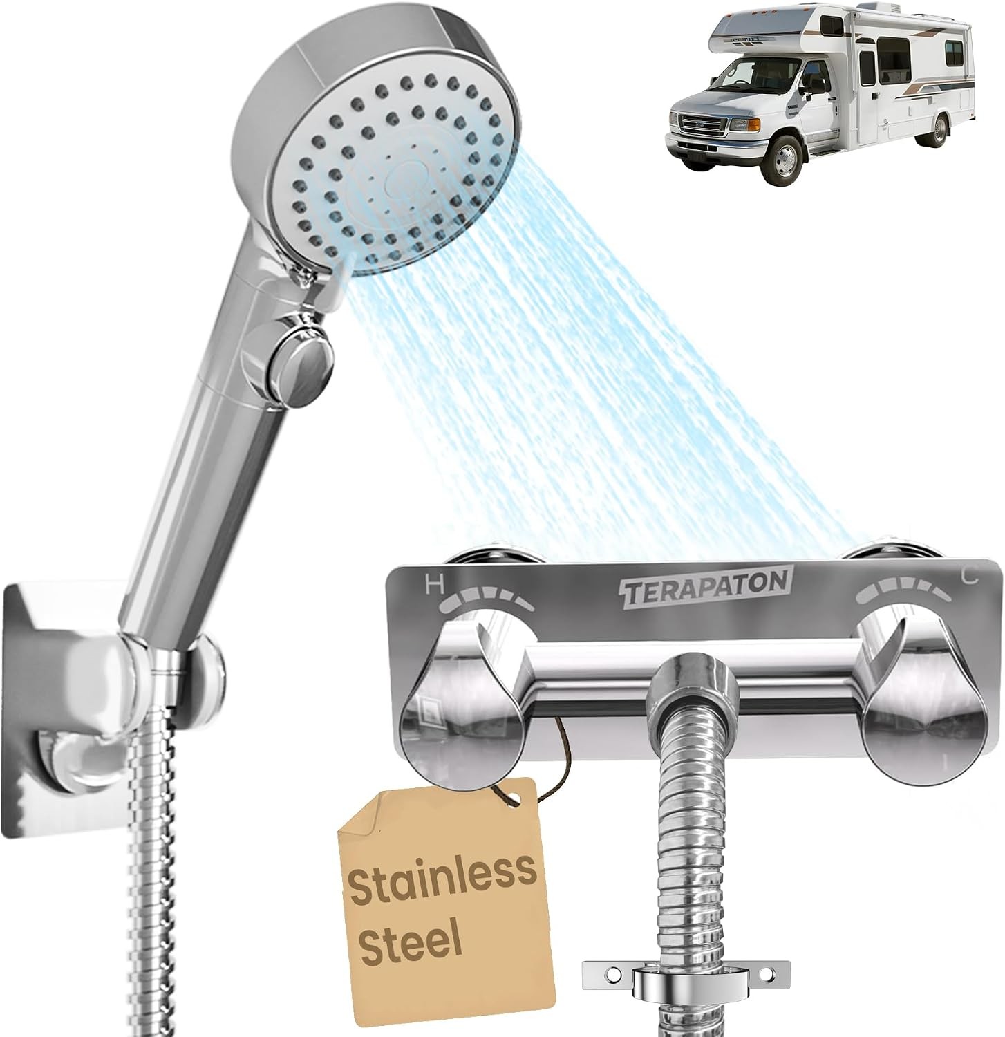RV Shower Faucet Set with Hose and Shower Head - All Metal Stainless Steel RV