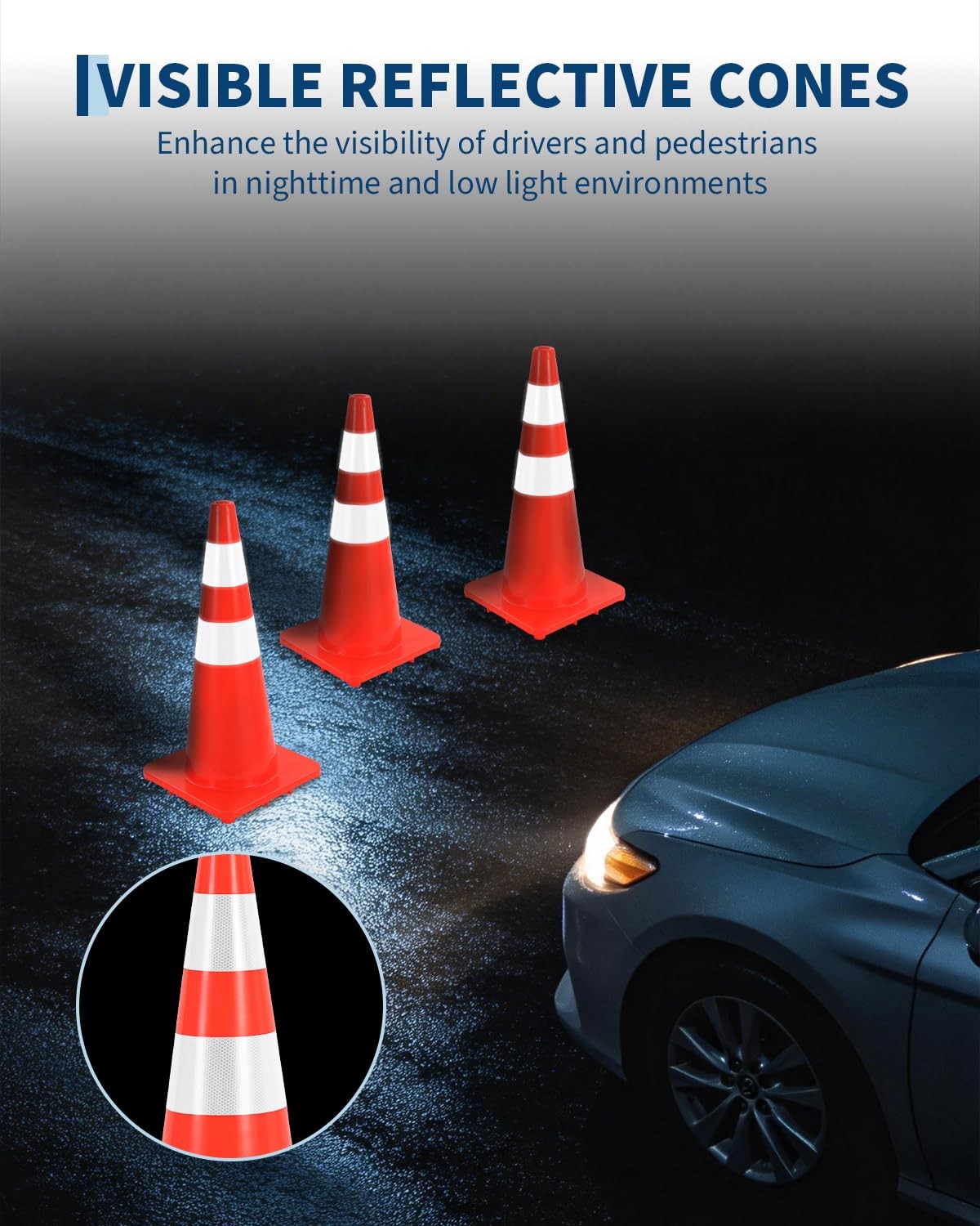 6 Pack Traffic Cone Set, 28 Inch High-Visibility Stackable Barriers with Reflect