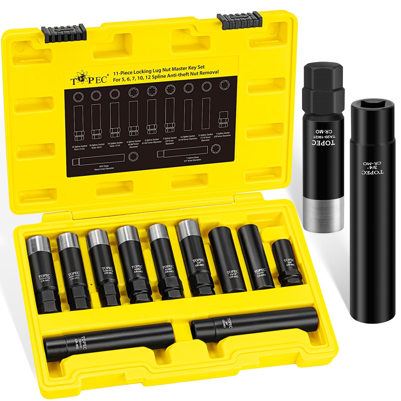 Topec 11PCS Master Lug Nut Key Set Spline Spike Hex