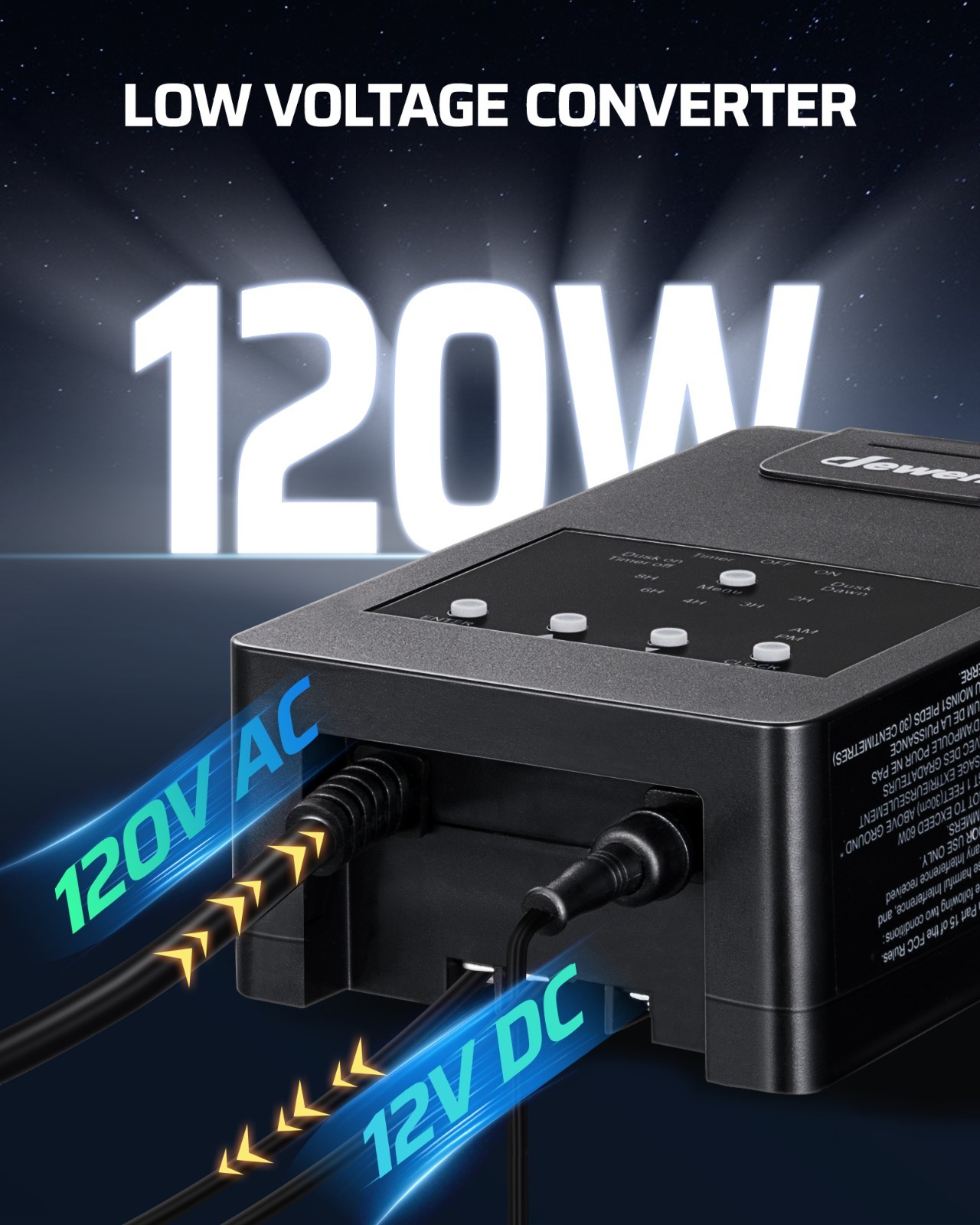 120W Low Voltage Transformer with Photocell Sensor & Timer, 120V AC to 12V DC