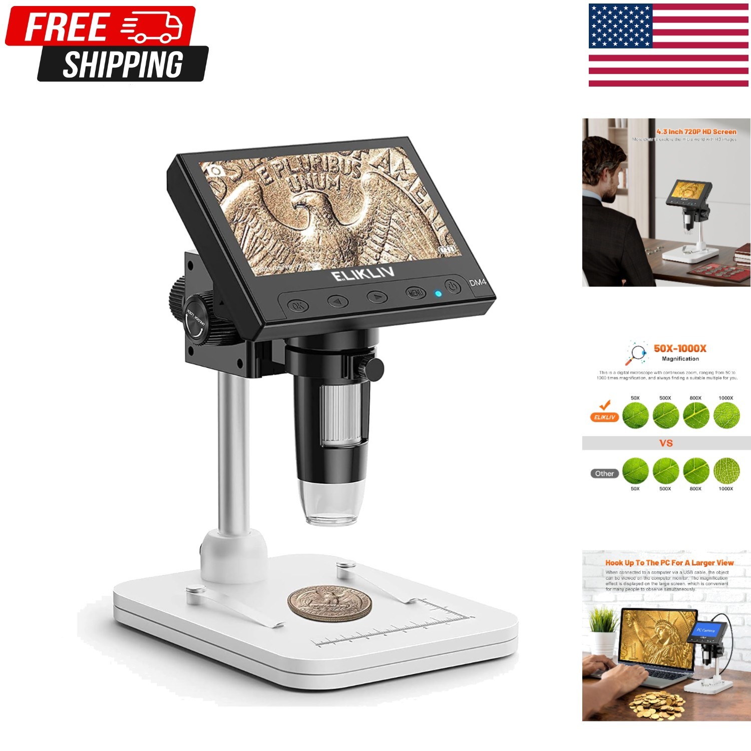 Microscopio, microscopio digital LCD para monedas 1000X, lupa para monedas