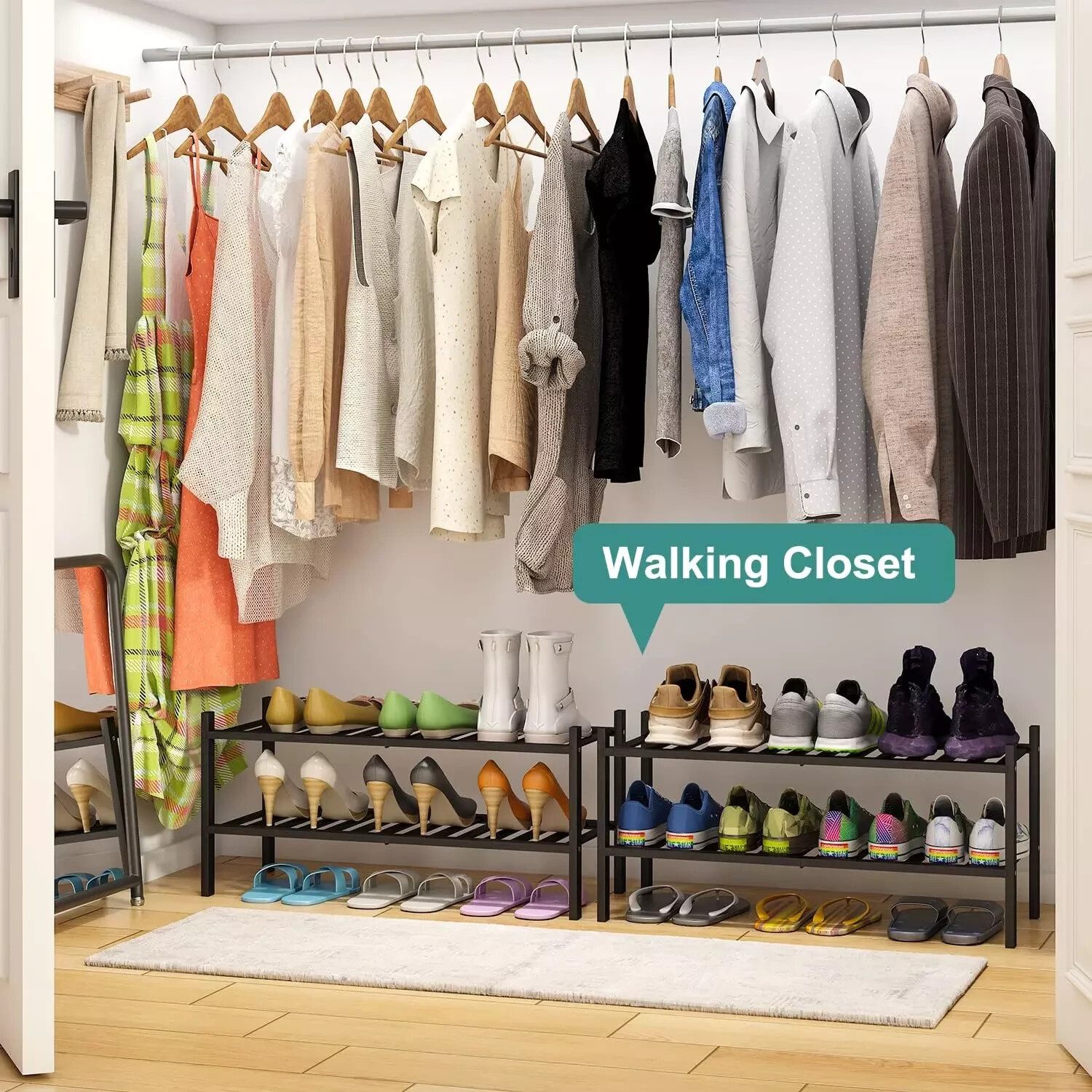 2-Tier Black Bamboo Shoe Rack for Entryway, Stackable | Foldable | Natural, Shoe