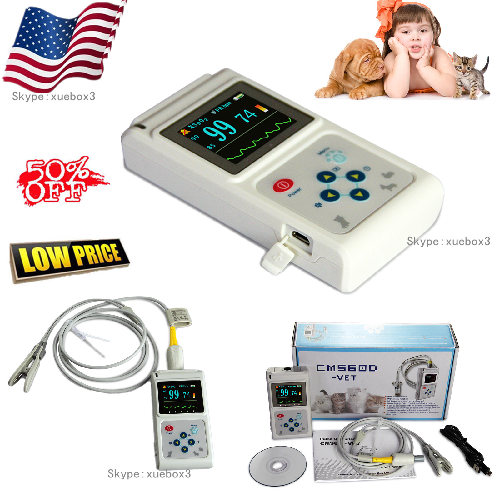 Veterinary SPO2 Pulse Oximeter heart Rate monitor VET Ear/Tongue Probe Software