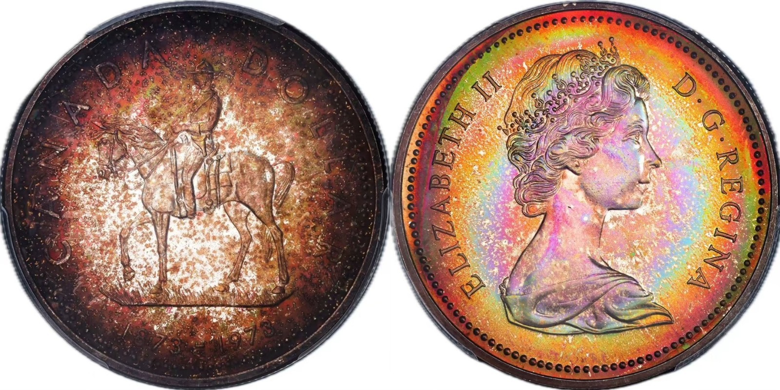 C332 Canada 1973 Silver Dollar R.C.M.P. Centennial KM-83 PCGS SP64 Nicely toned.