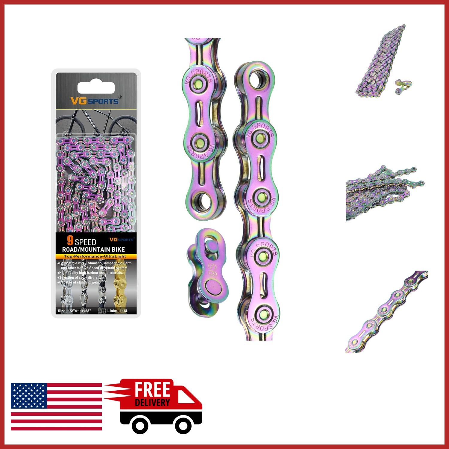 Durable 9 Speed Bicycle Chain 116 Links Lightweight Alloy Steel for MTB/Road
