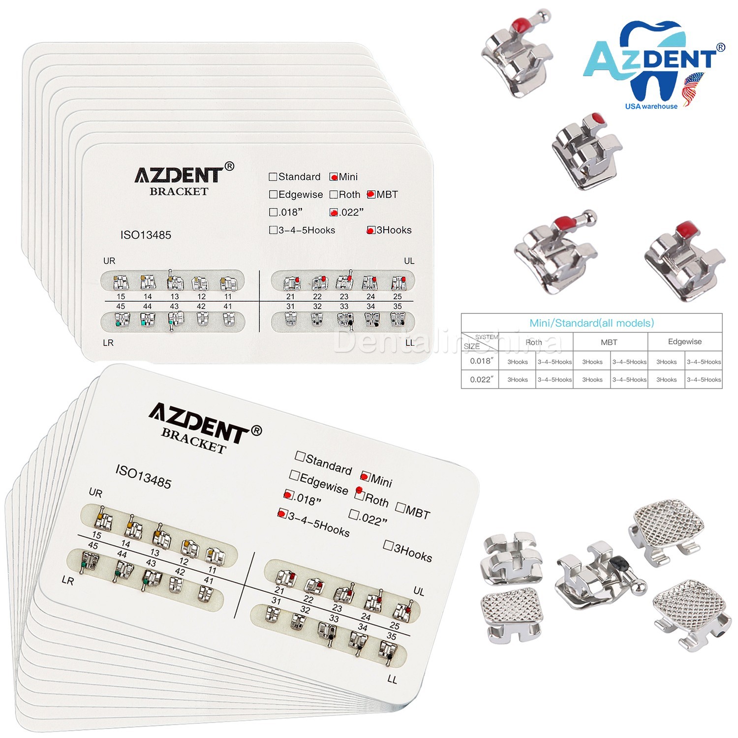 AZDENT Dental Orthodontic Bracket Braces Roth / MBT 022 Mini 345 with Hooks