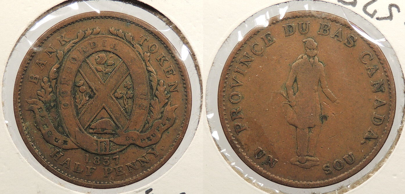 CANADA Lower Canada 1837 Halfpenny (Sou) Token #WC93575