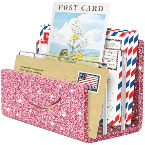 Mail Organizer Envelope Holder - Acrylic Mail 3 Compartments Glitter Pink