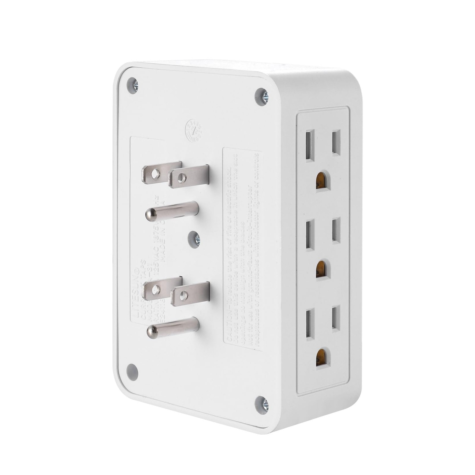 6 Outlet Wall Adapter 3 Prong Grounded Side Access Power Extender White