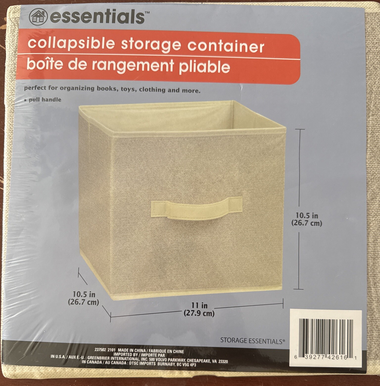 NEW Essentials Collapsible Storage Container WITH Handle 10.5”x10.5”x 11” Tan