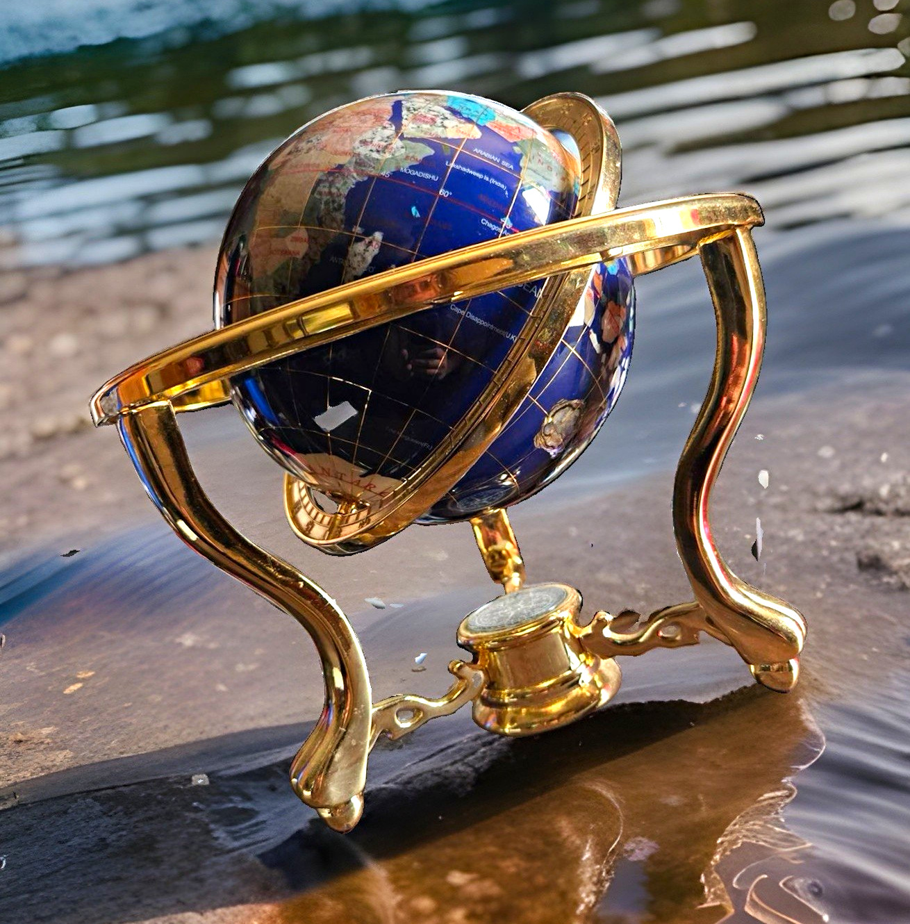 Multi-Crystal Blue & Gold Metal Tabletop World Globe with Built-in Compass