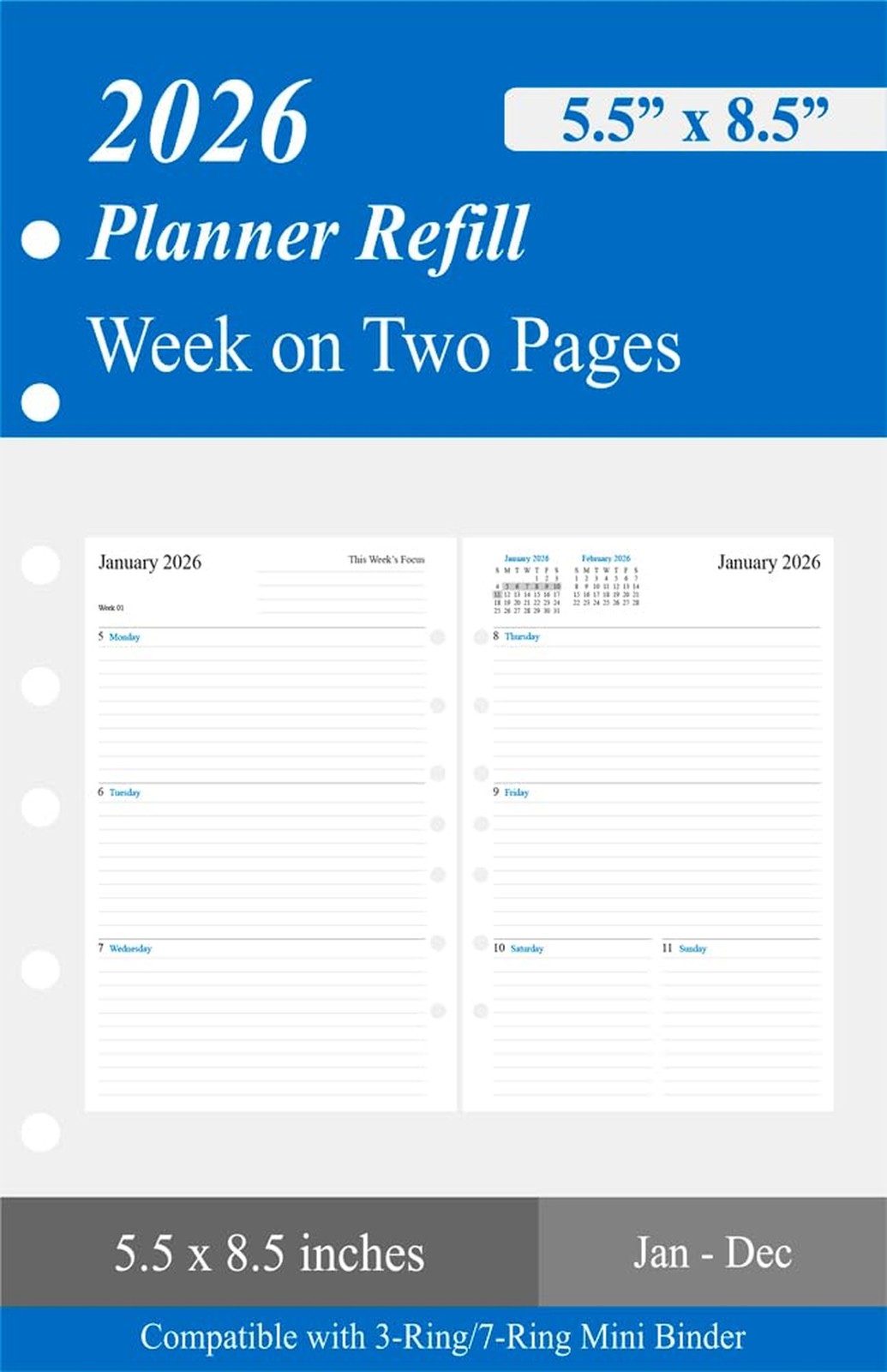 newestor 2026 Weekly Planner Refill for Mini Binder, Week on Two Pages, 5.5"x...
