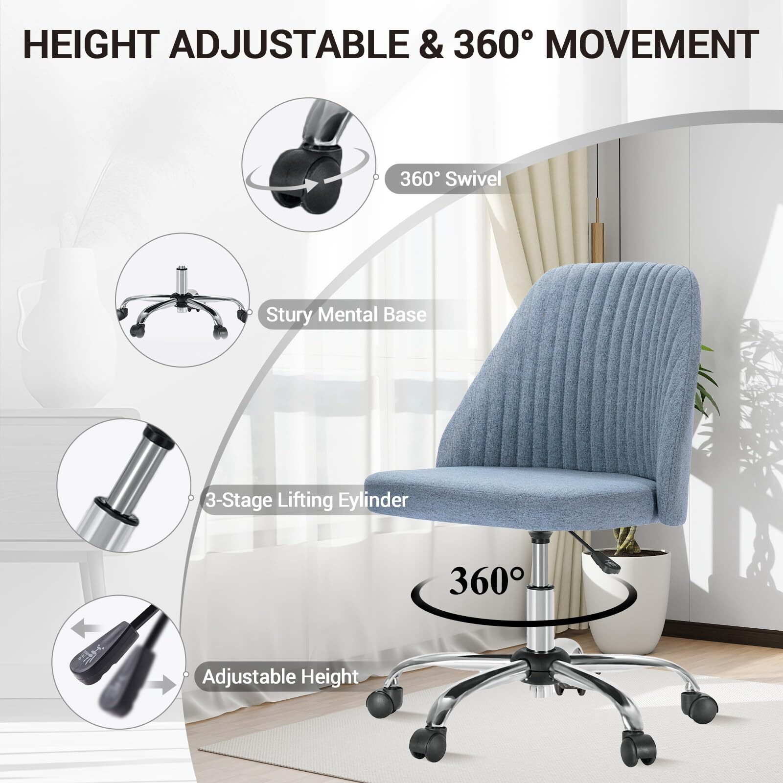 Office Chair Adjustable Height Swivel Rolling Chairs for Bedroom Adult Blue