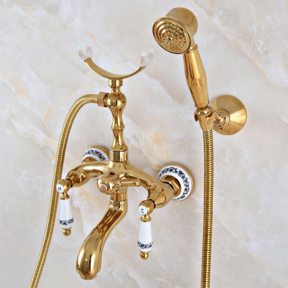Polished Gold Wall Mounted Bathroom Wall Mount Tub Faucet Mixer Tap Hand Shower