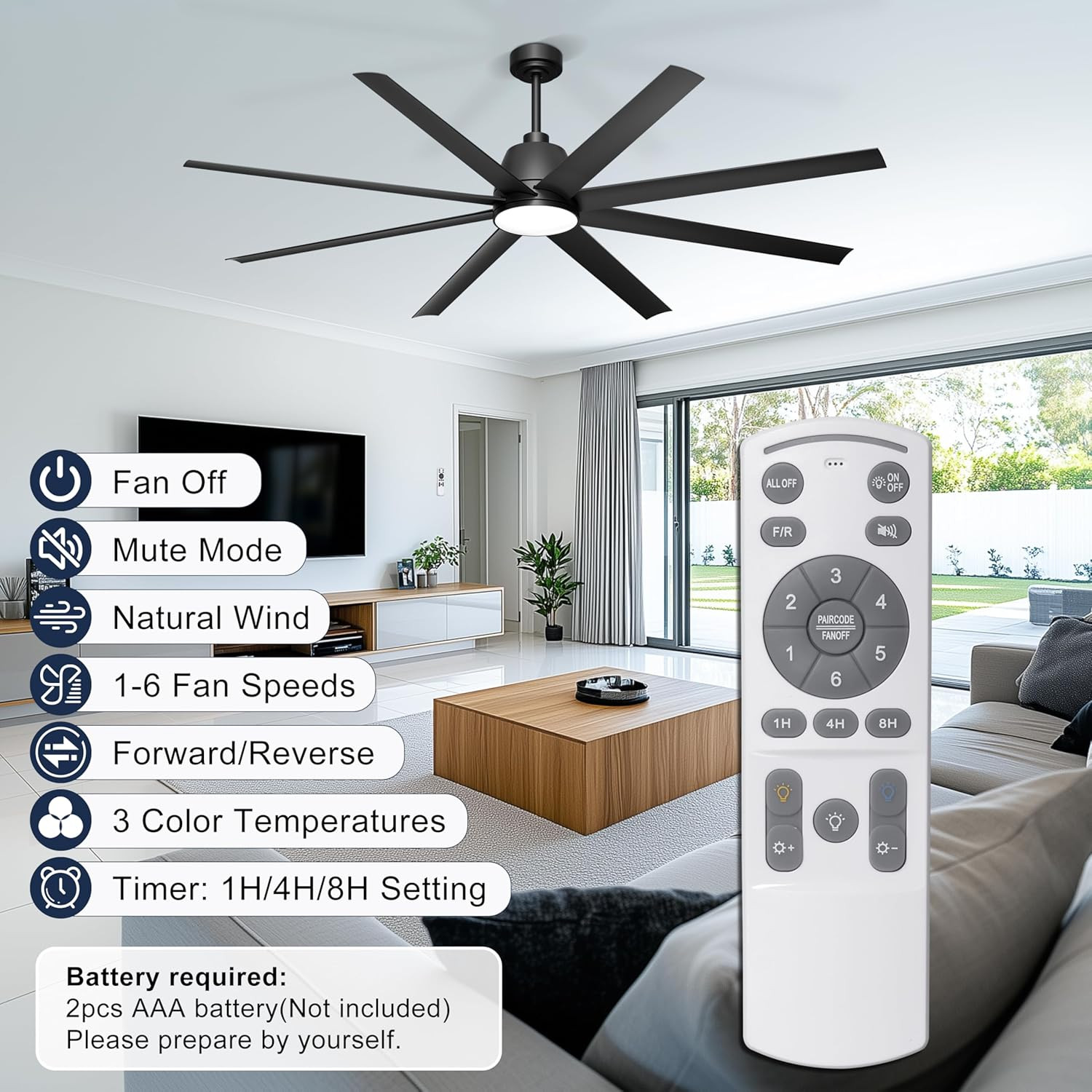 72" Smart Ceiling Fan with Light, Remote & App Control, 6 Speed, Black