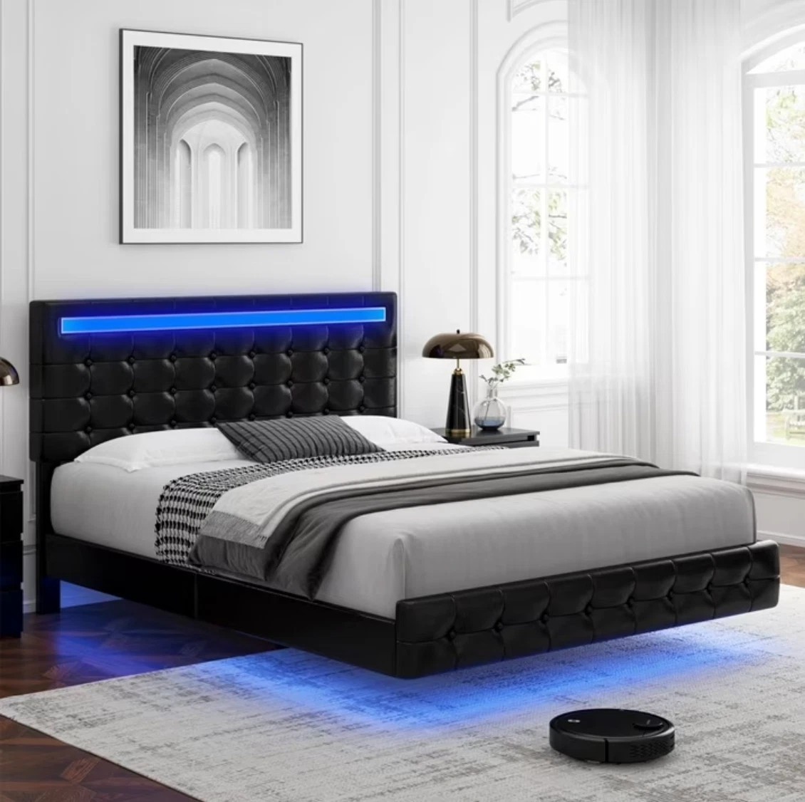 King Size LED Lighted Slat Platform Bed Tufted Black Faux Leather Headboard