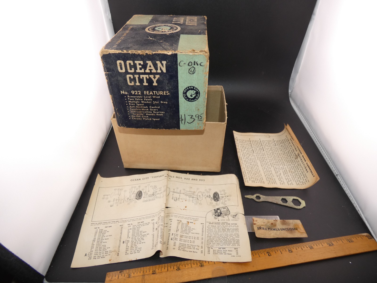 Ocean City No 922 TopSail Fishing Reel Box  wrench and Manual ONLY